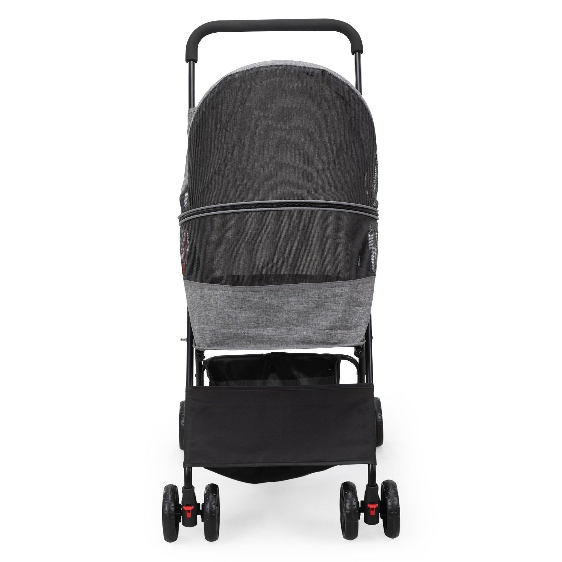 Black and gray foldable pet stroller with mesh cover and four wheels by PawCounter.com