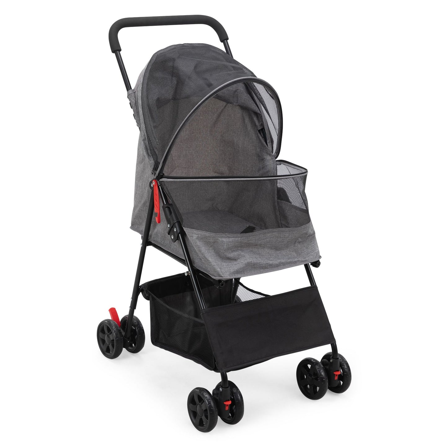 Foldable pet stroller in gray with mesh cover and storage basket for small pets