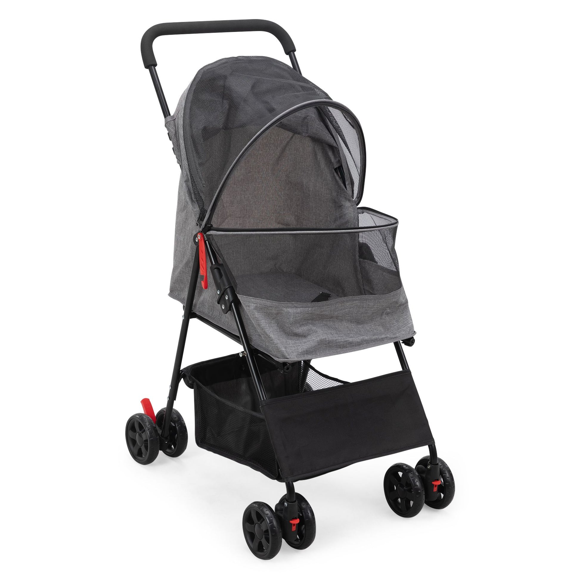 Foldable pet stroller in gray with mesh cover and storage basket for small pets
