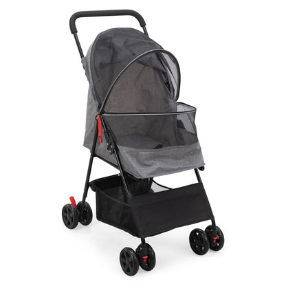 Foldable pet stroller in gray with mesh cover and storage basket for small pets