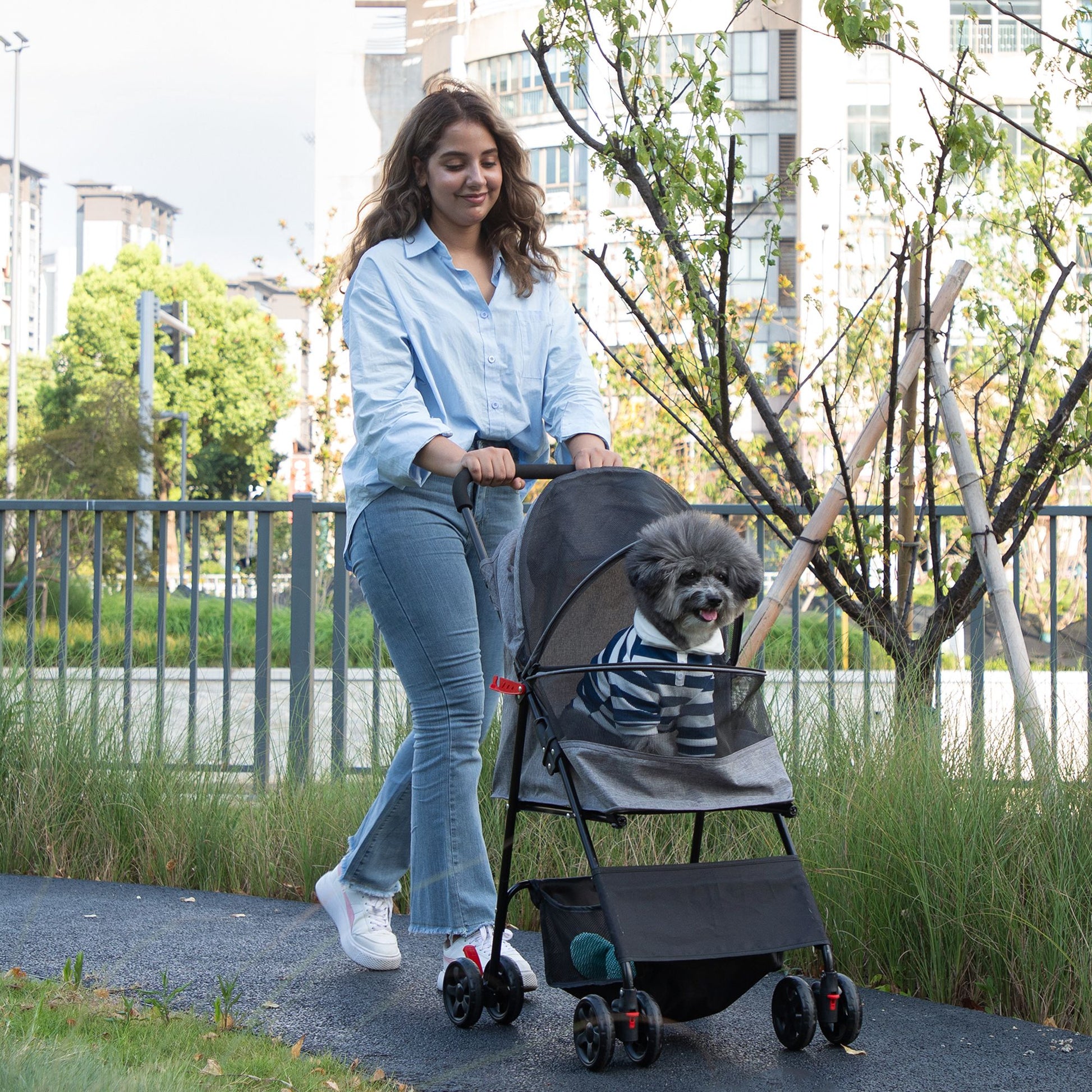 Woman pushing a foldable pet stroller with a small dog wearing a striped shirt outdoors