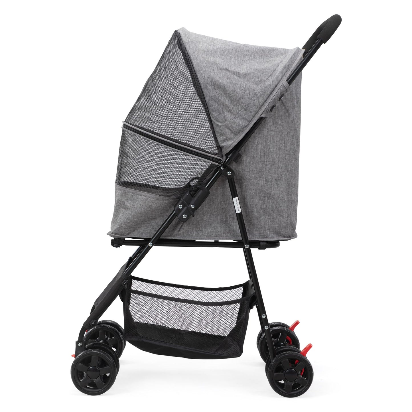Gray foldable pet stroller with mesh sides and black frame for easy transport