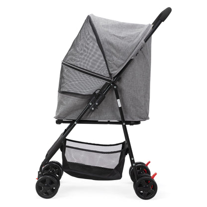 Gray foldable pet stroller with mesh sides and black frame for easy transport