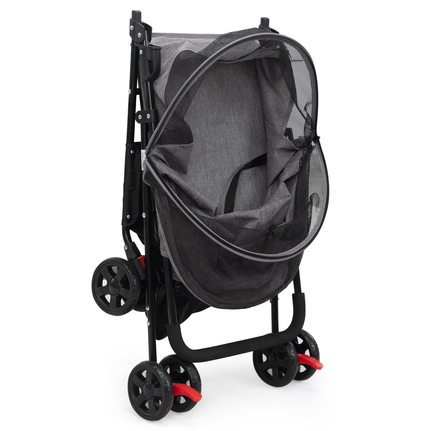 Foldable pet stroller in black and gray with mesh cover and four wheels for easy transport