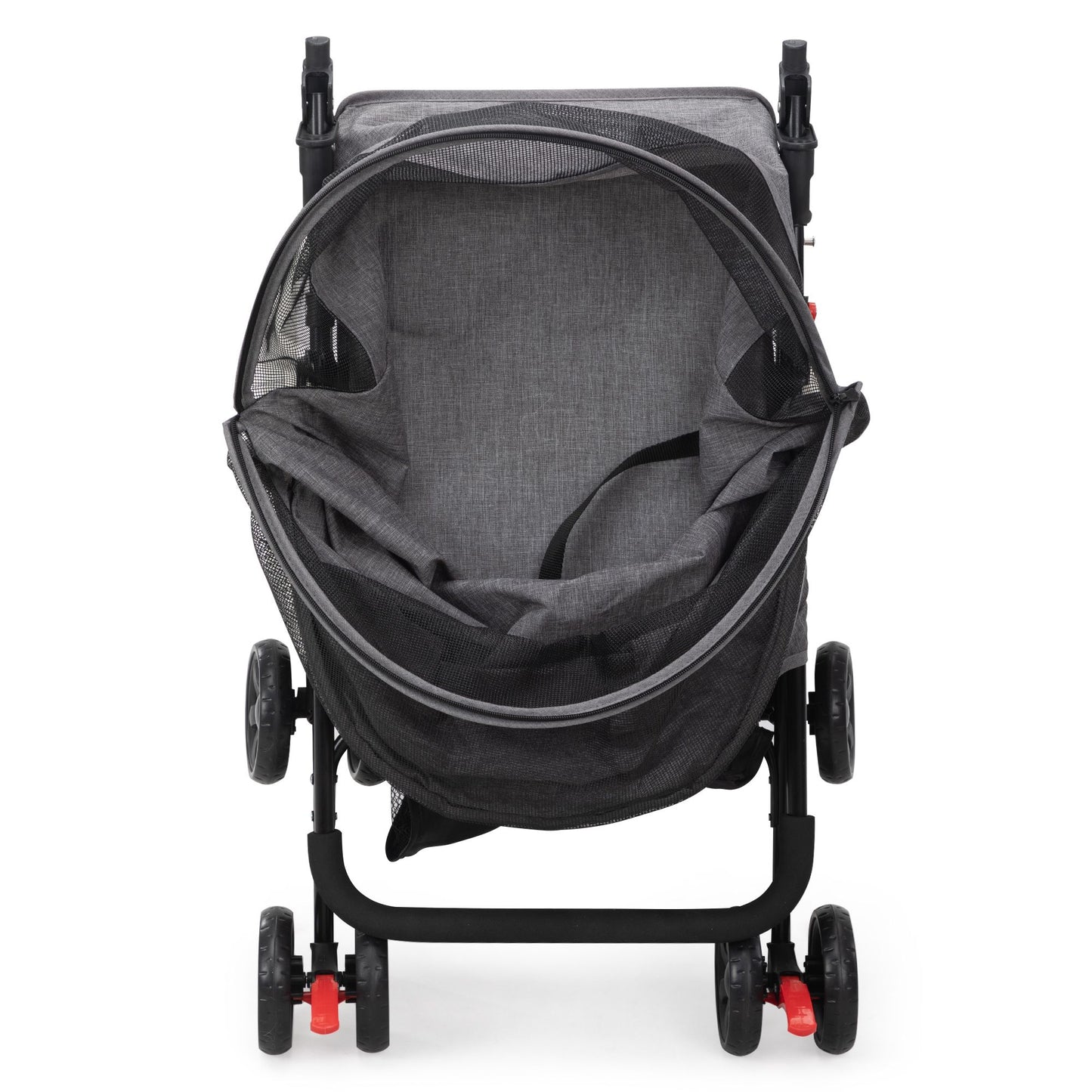 Foldable pet stroller in gray with black mesh cover and four wheels for easy mobility