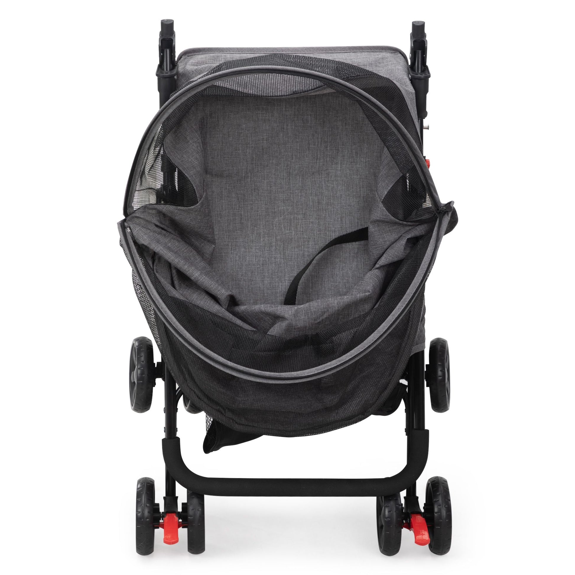 Foldable pet stroller in gray with black mesh cover and four wheels for easy mobility