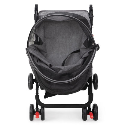 Foldable pet stroller in gray with black mesh cover and four wheels for easy mobility