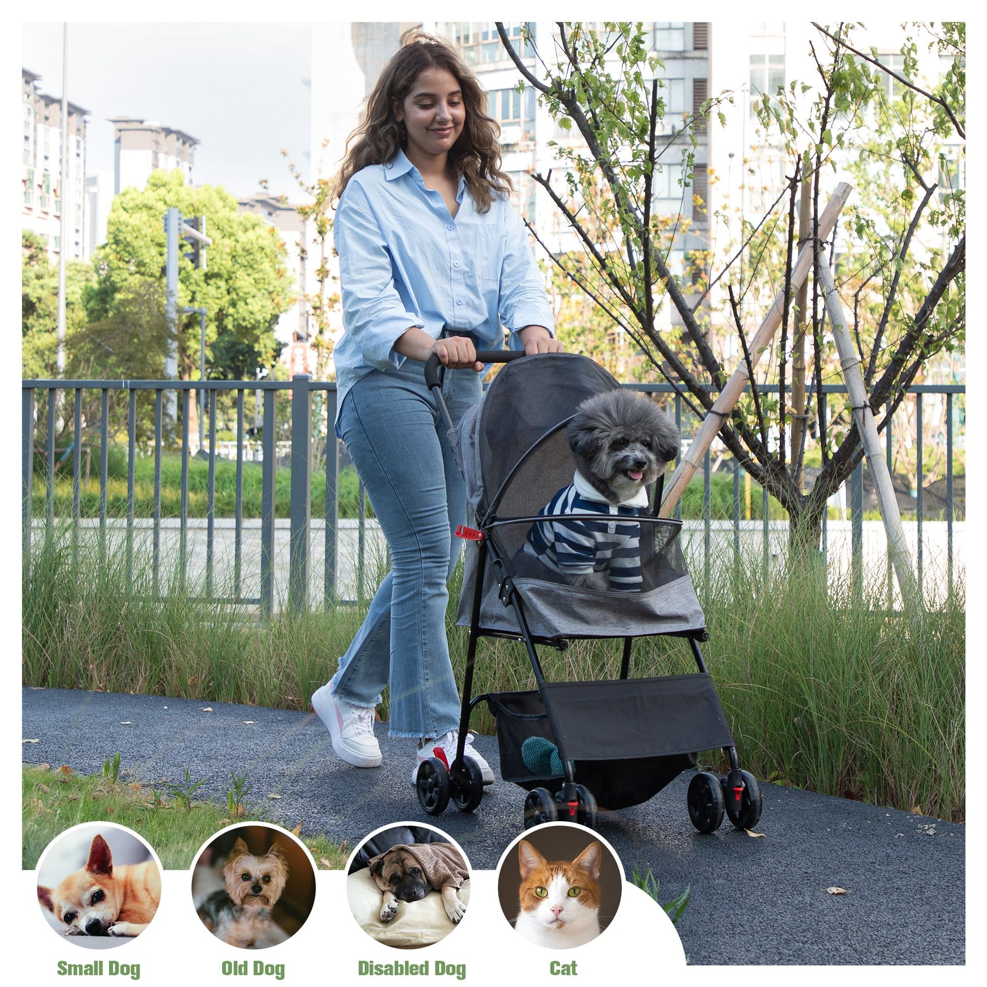 Woman pushing a foldable pet stroller with a small dog inside outdoors in a park setting