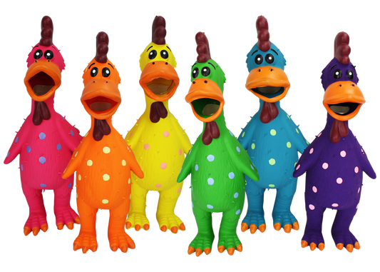 The Family Pet funny squeaky dog toy set featuring colorful polka dot rubber chickens in six bright colors