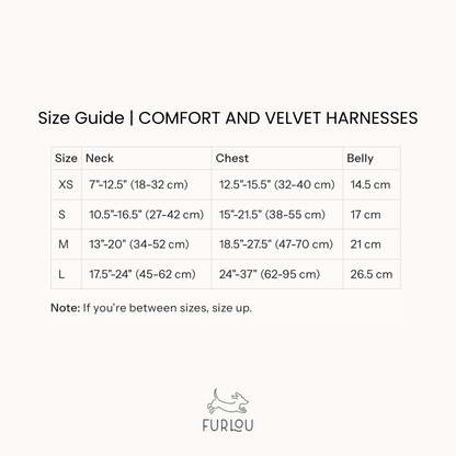 Size guide for FURLOU black comfort dog harness with neck, chest, and belly measurements