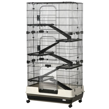 6 tier small animal cage with black wire frame and beige base on wheels for easy mobility
