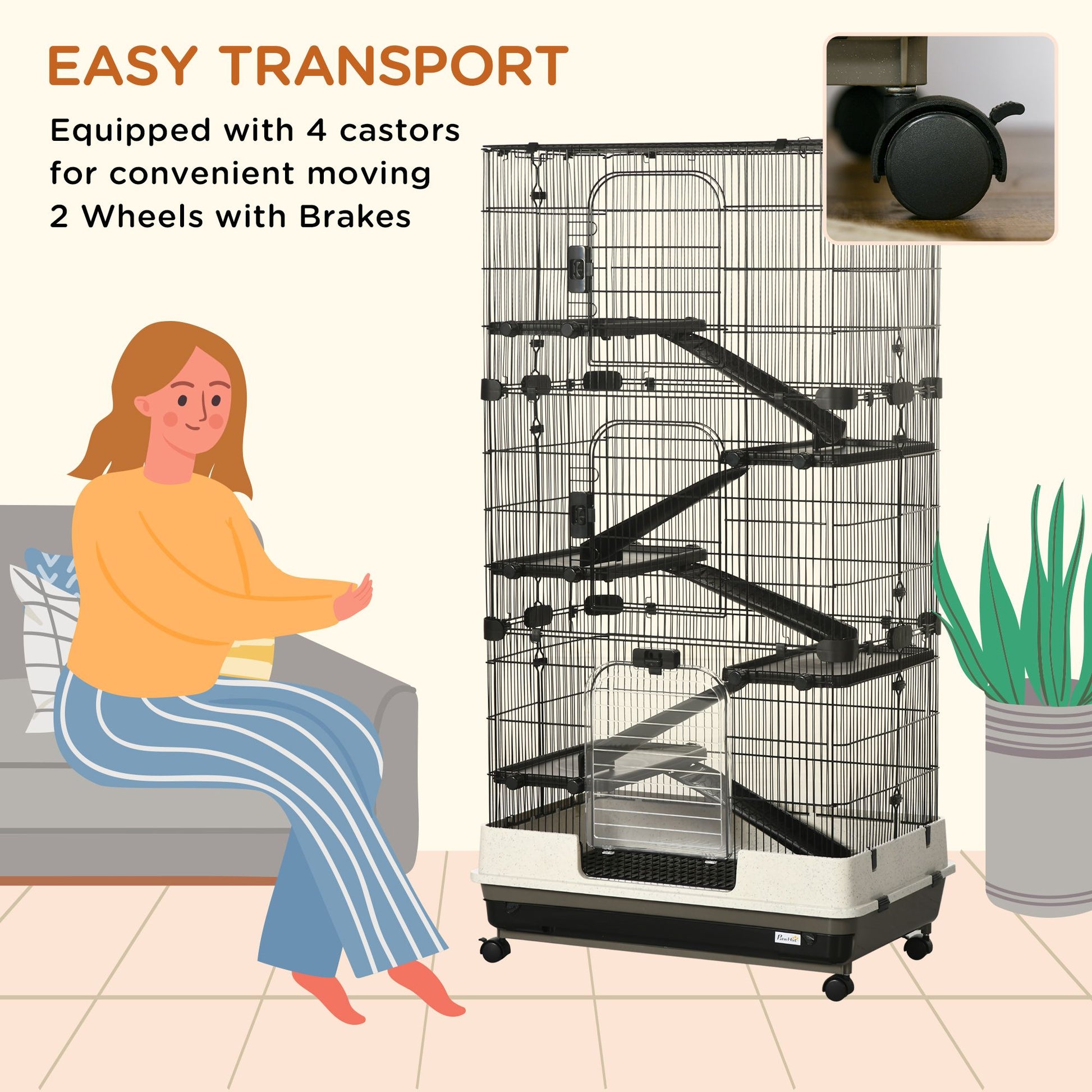 6 tier small animal cage with 4 castors and 2 wheels with brakes for easy transport