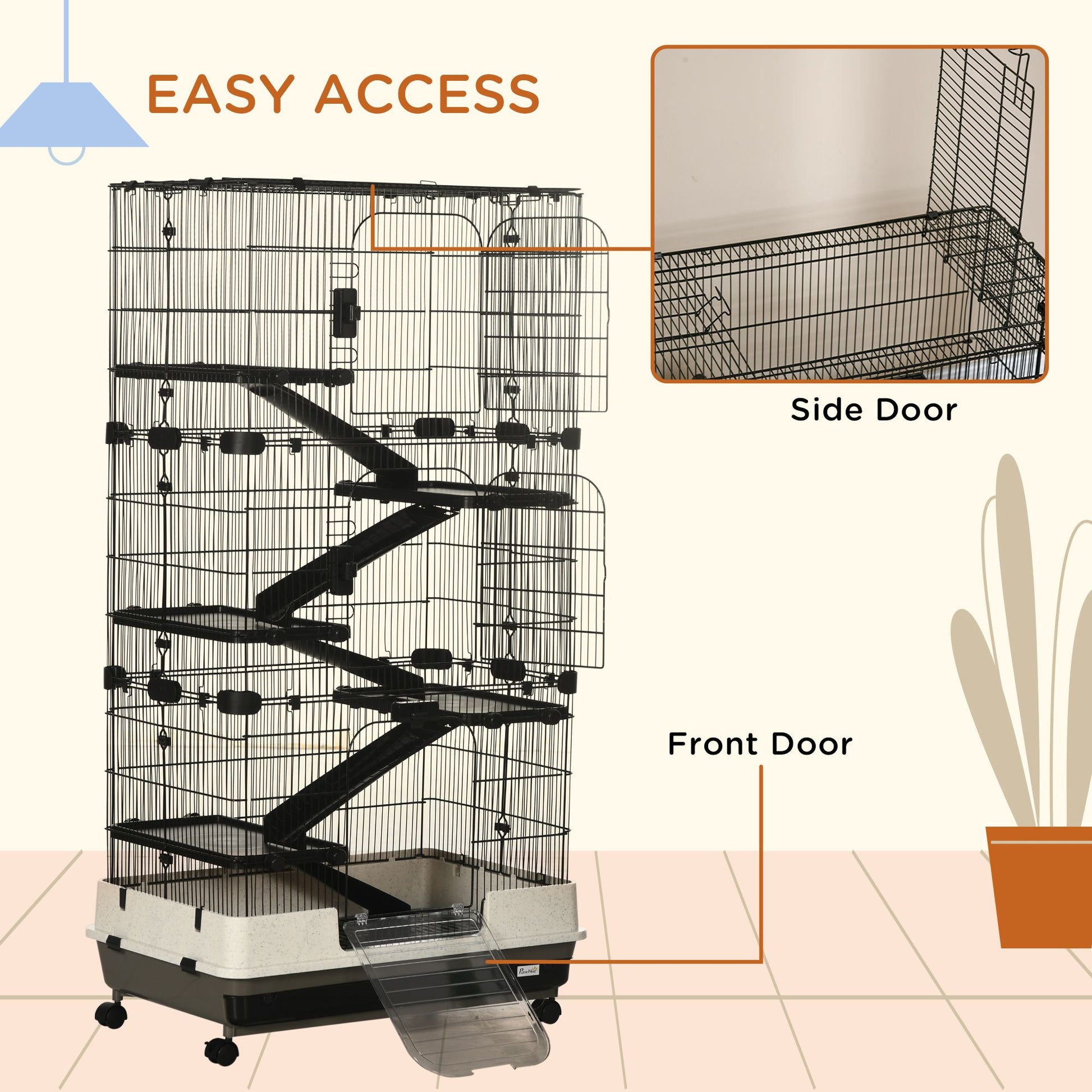 6 tier small animal cage with multiple platforms, side door, front door, and easy access ramps