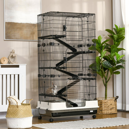 Black 6 tier small animal cage with ramps on wheels in a cozy living room setting