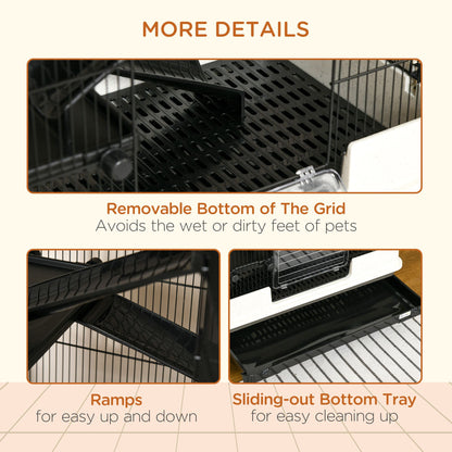 Close-up details of 6 tier small animal cage showing removable grid bottom ramps and sliding-out bottom tray