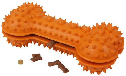Orange dog dental cleaning toy shaped like a bone with textured surface and treat slots