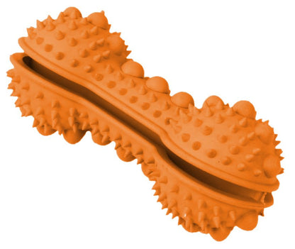 Orange spiked dog dental cleaning toy designed to promote healthy teeth and gums