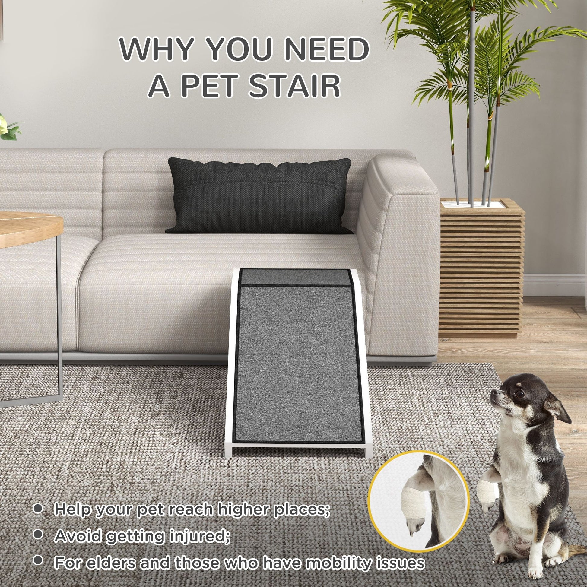 Dog ramp for bed with gray carpet surface placed in front of sofa, small dog sitting nearby in living room