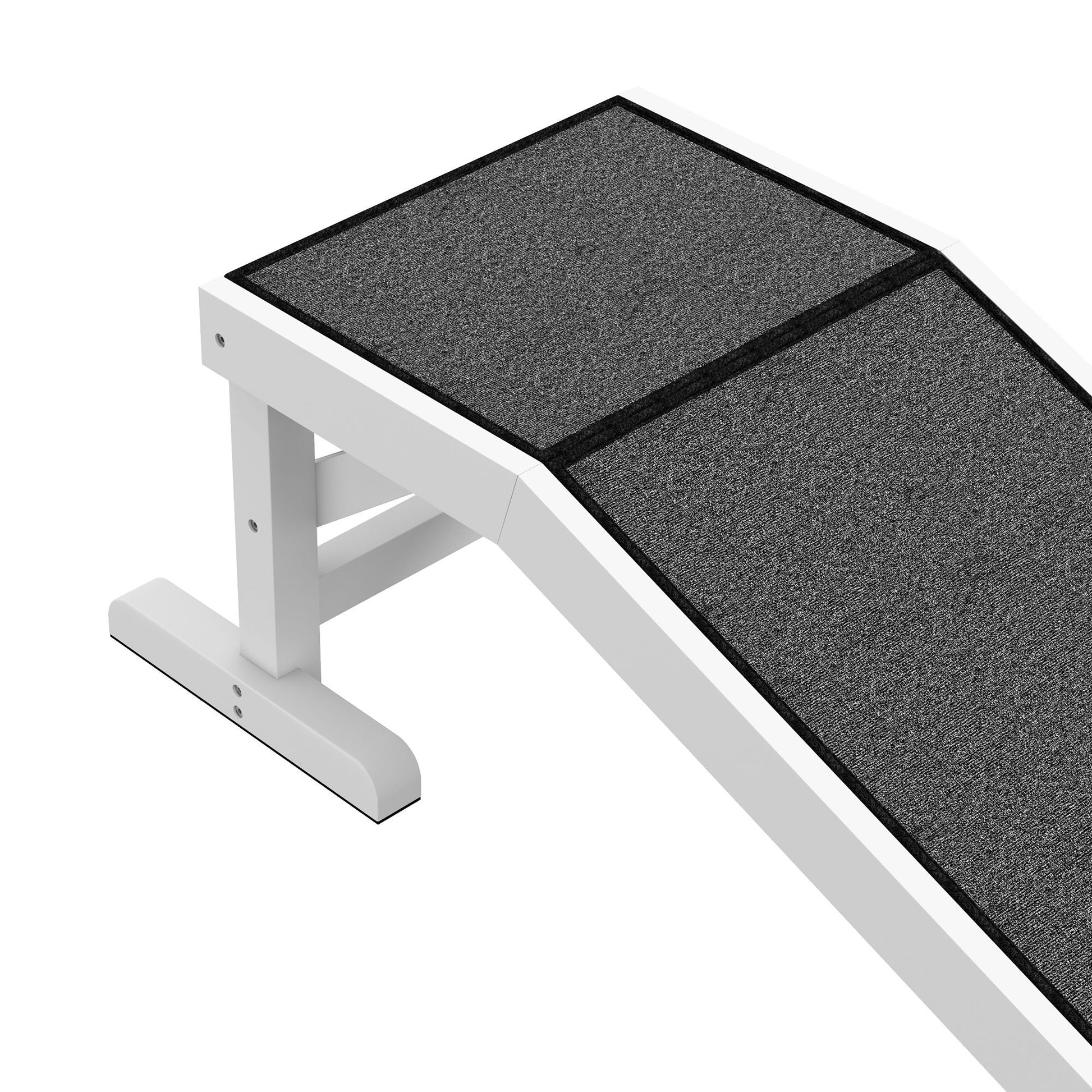 White and gray dog ramp for bed with non-slip surface and sturdy wooden frame