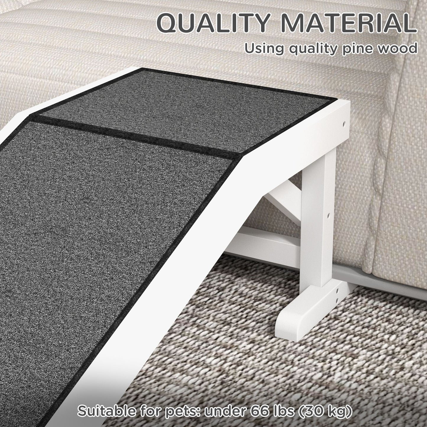 White wooden dog ramp for bed with nonslip gray surface suitable for pets under 66 lbs