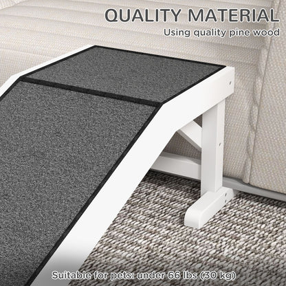 White wooden dog ramp for bed with nonslip gray surface suitable for pets under 66 lbs