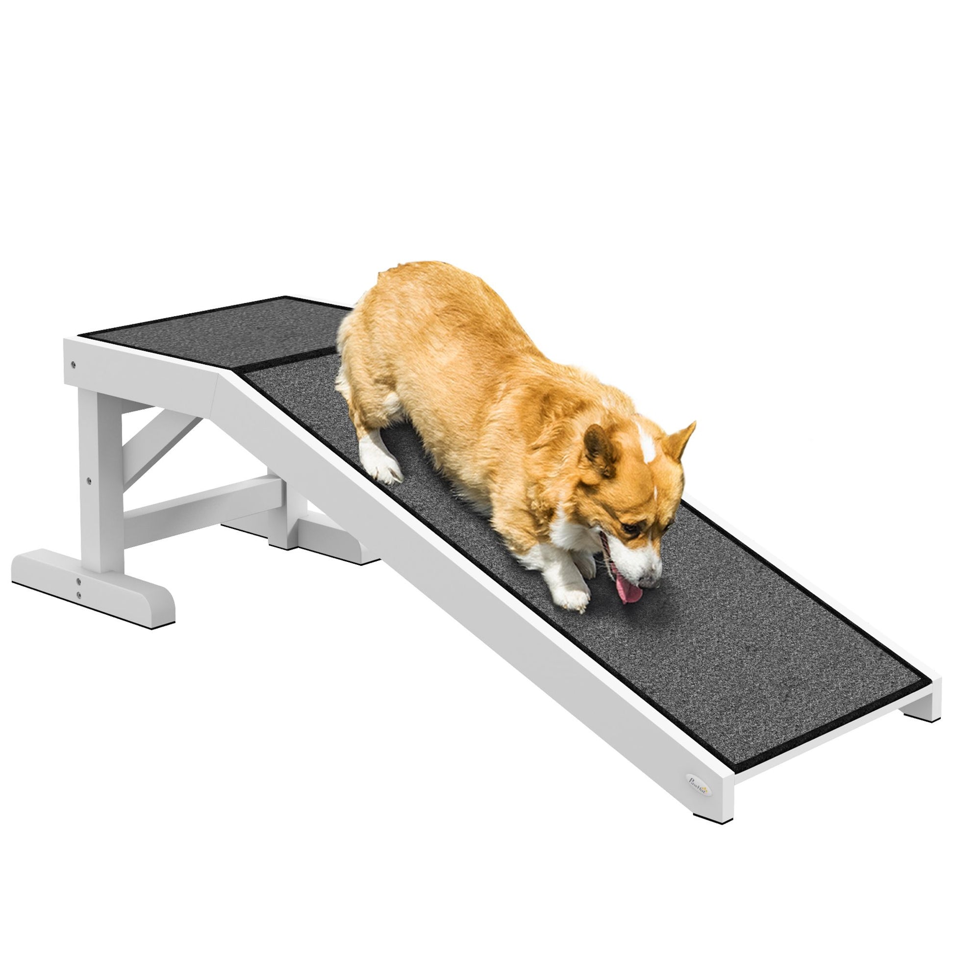 Dog ramp for bed with non-slip surface and sturdy white frame supporting a small dog walking down
