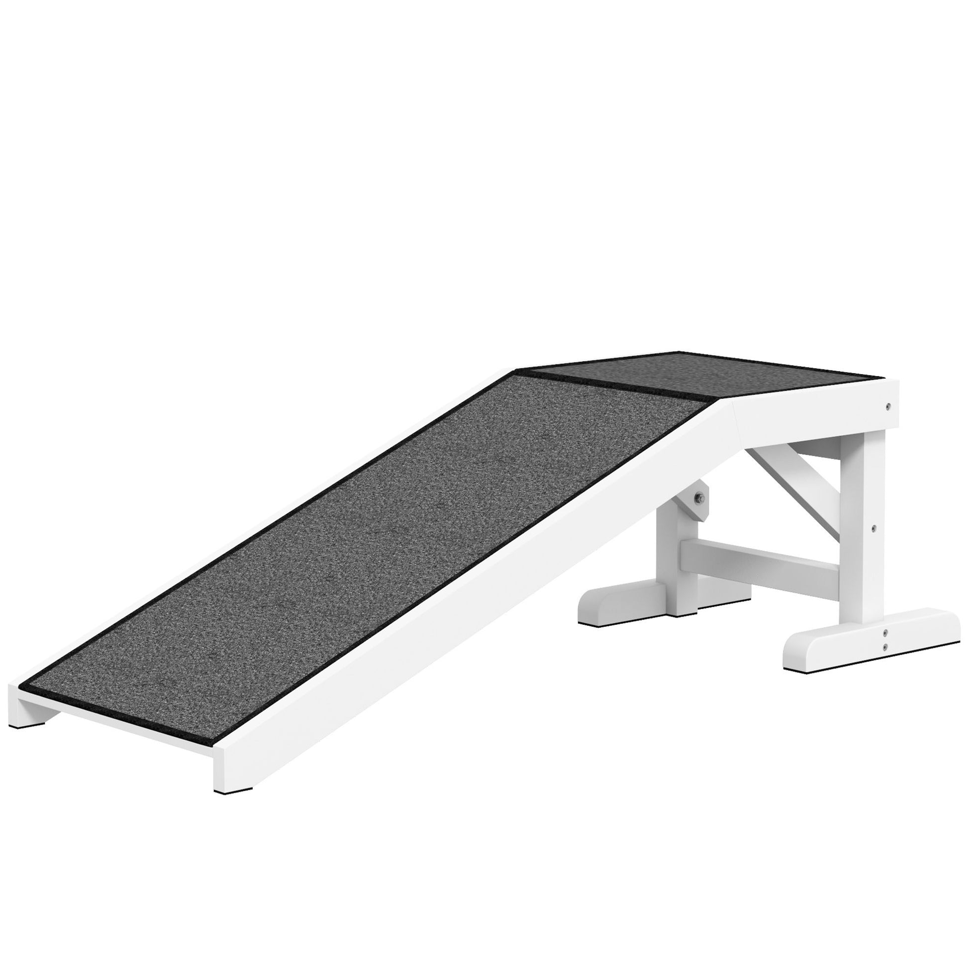 White wooden dog ramp for bed with non-slip gray surface for easy pet access