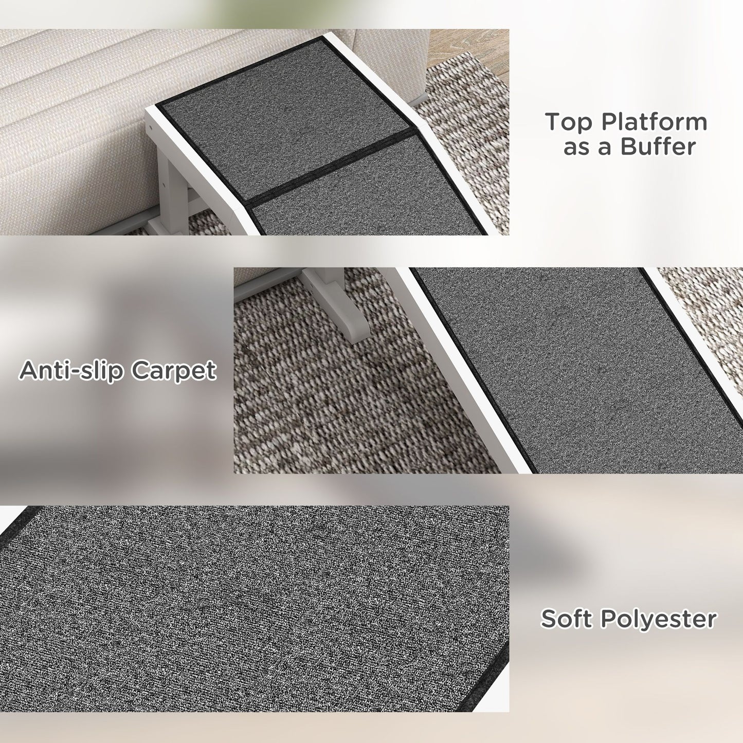 Close-up of dog ramp for bed showing anti-slip carpet surface, soft polyester material, and top platform buffer
