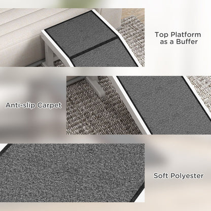 Close-up of dog ramp for bed showing anti-slip carpet surface, soft polyester material, and top platform buffer