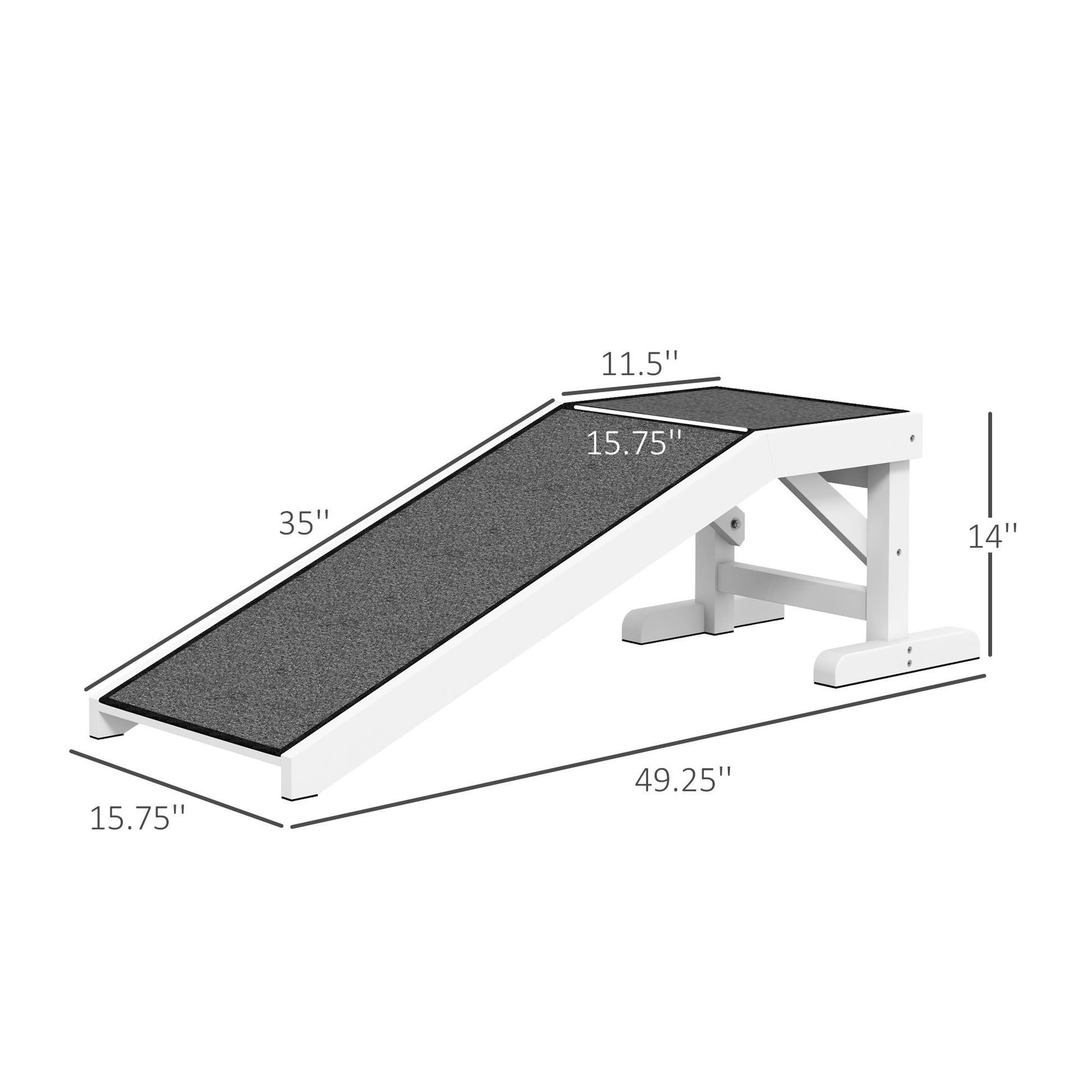 White wooden dog ramp for bed with non-slip surface and detailed dimensions for easy pet access