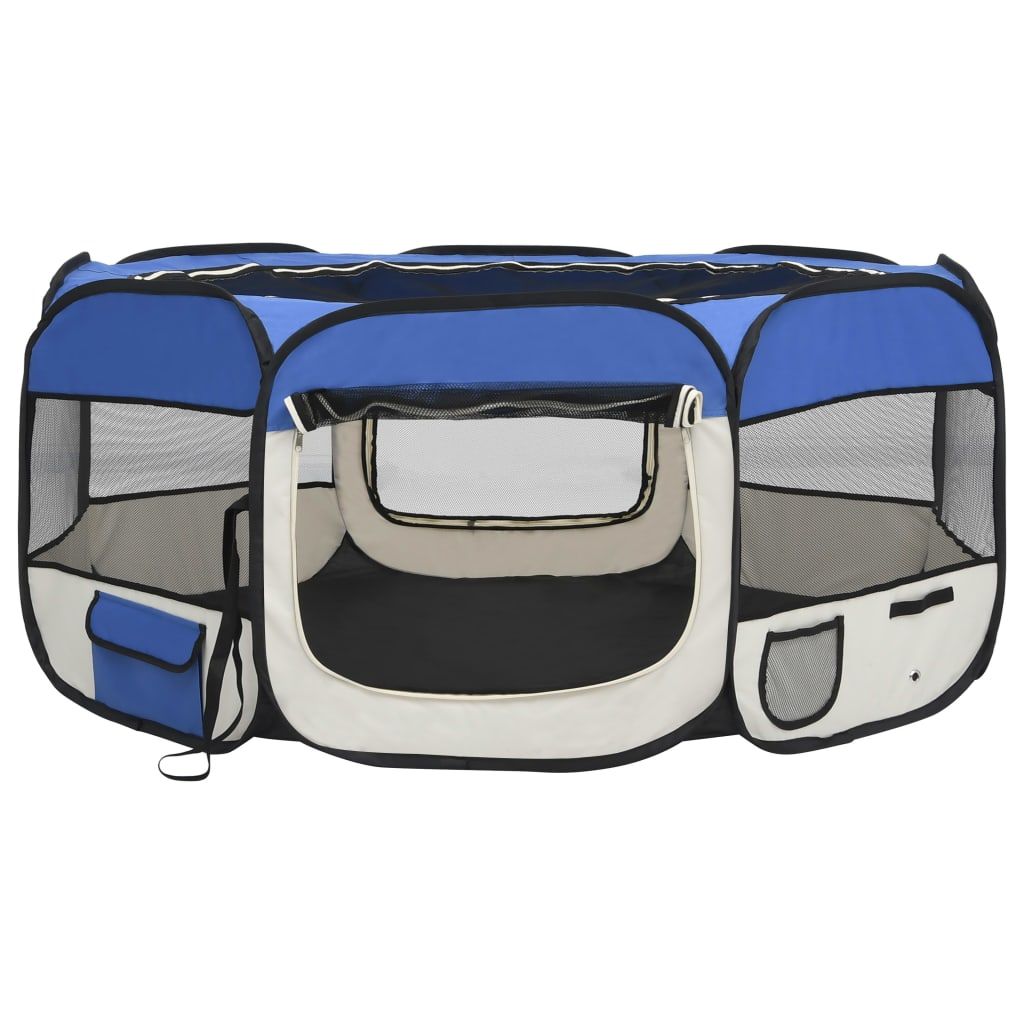 PawCounter.com foldable dog playpen in blue and beige with mesh sides and multiple storage pockets