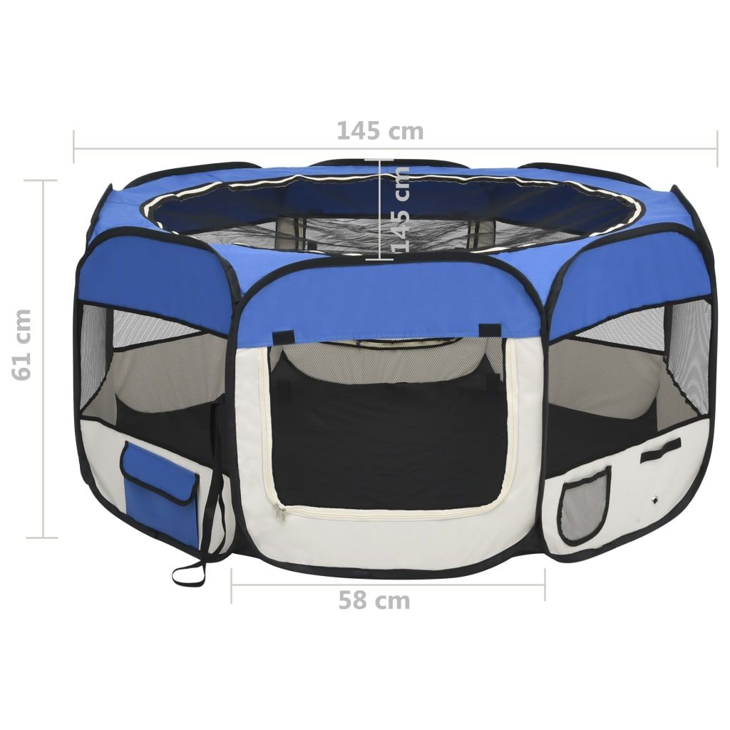 Blue and black foldable dog playpen with mesh sides and zippered door by PawCounter.com