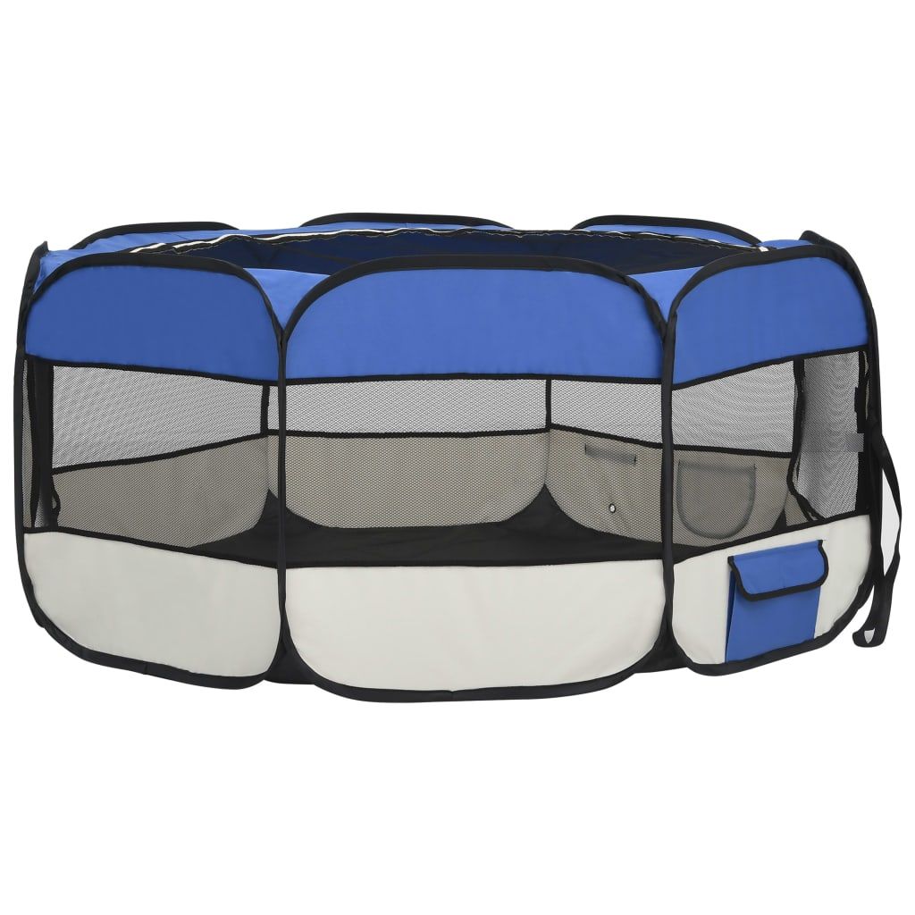 Blue and gray foldable dog playpen with mesh sides and storage pocket from PawCounter.com