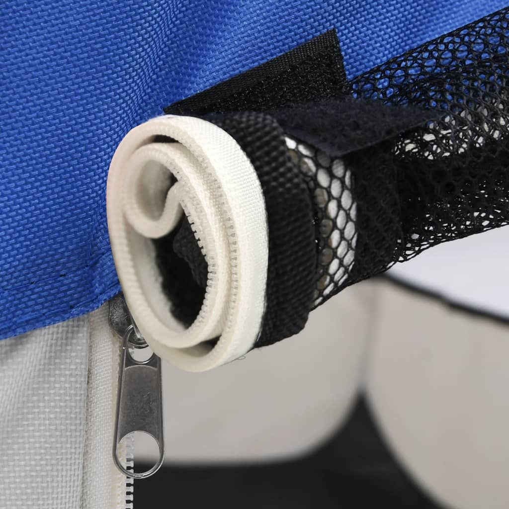 Close-up of rolled mesh and zipper on a foldable dog playpen from PawCounter.com in blue and black