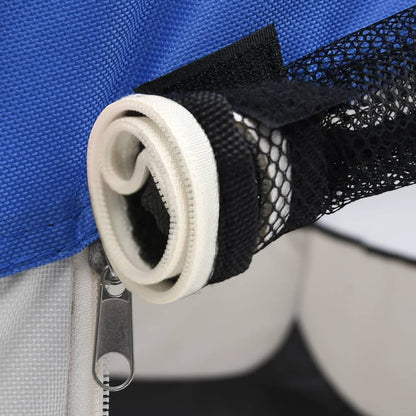 Close-up of rolled mesh and zipper on a foldable dog playpen from PawCounter.com in blue and black