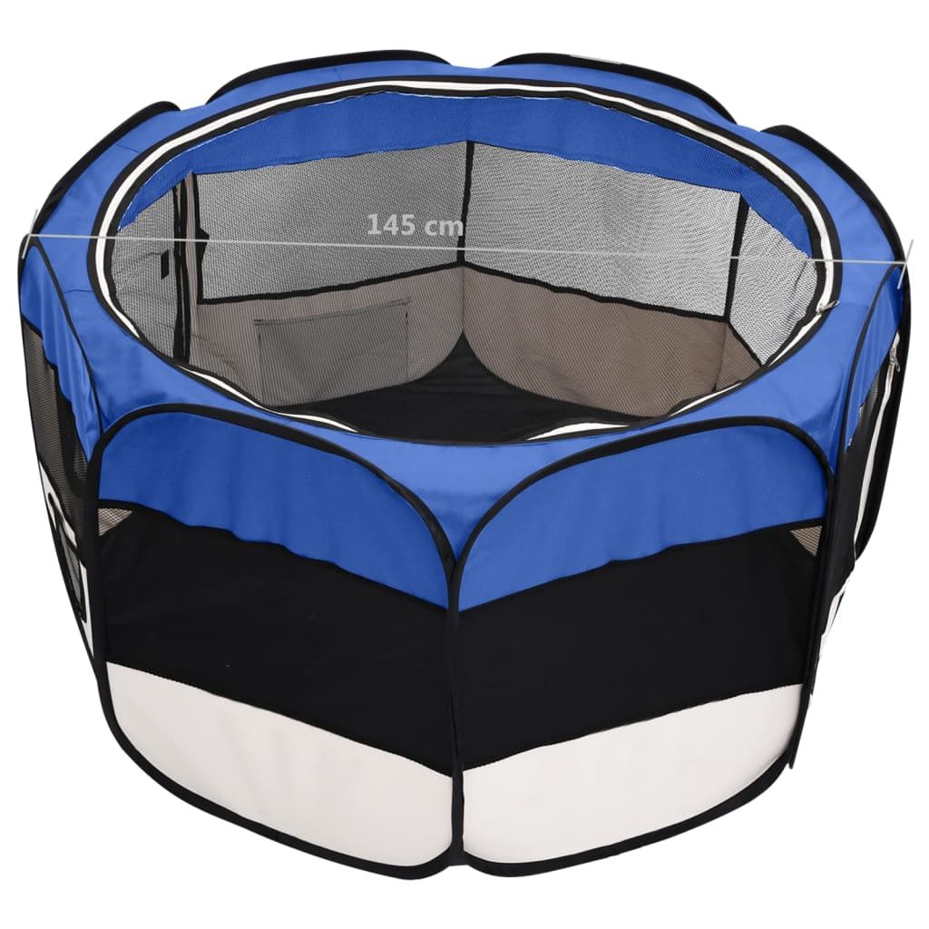 Blue and black foldable dog playpen with mesh sides and eight-panel design for pets