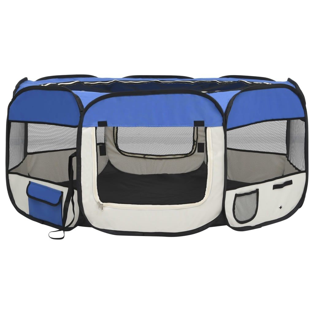 Blue and beige foldable dog playpen with mesh sides and multiple access pockets from PawCounter.com