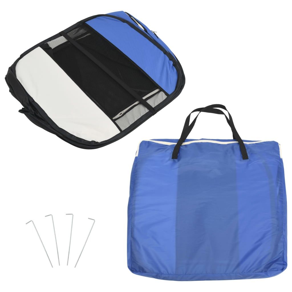 Foldable dog playpen in blue with mesh panels, carrying bag, and metal stakes for easy setup
