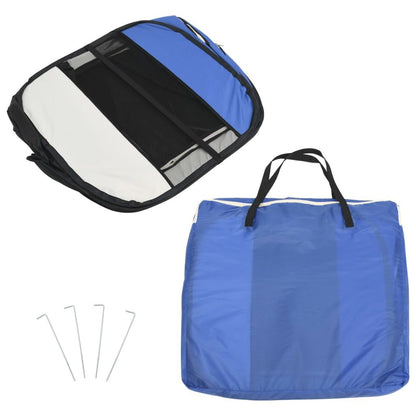 Foldable dog playpen in blue with mesh panels, carrying bag, and metal stakes for easy setup
