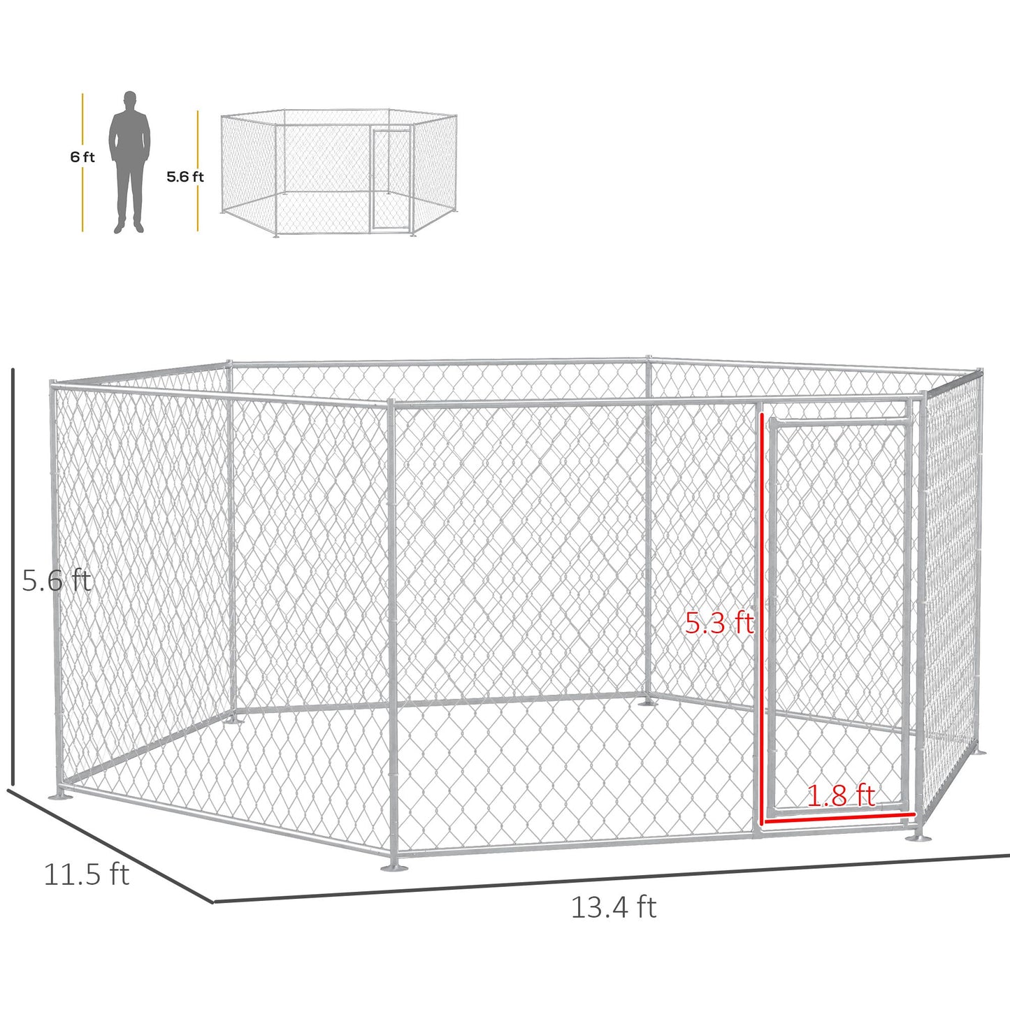 Outdoor dog run for large dogs made of metal chain link fencing with detailed dimensions