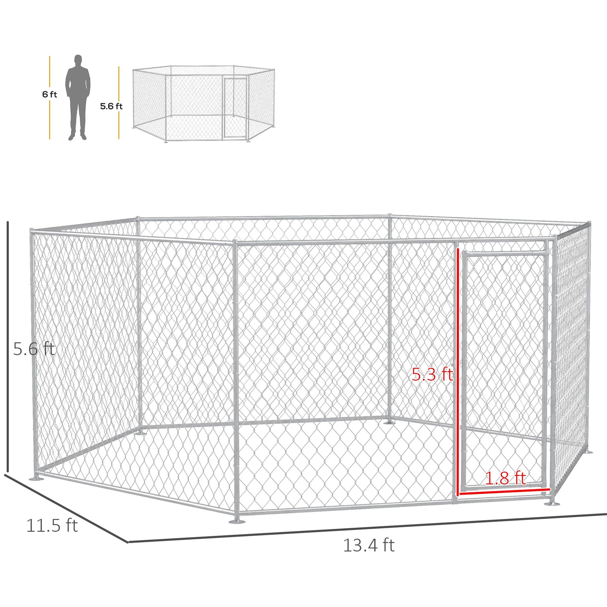 Outdoor dog run for large dogs made of metal chain link fencing with detailed dimensions