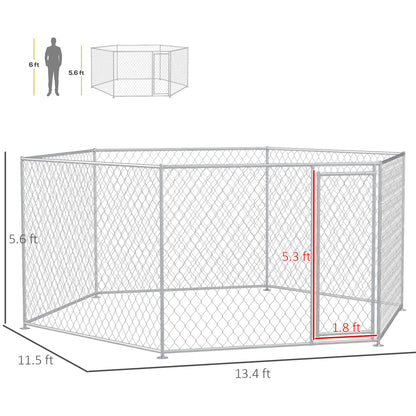 Outdoor dog run for large dogs made of metal chain link fencing with detailed dimensions