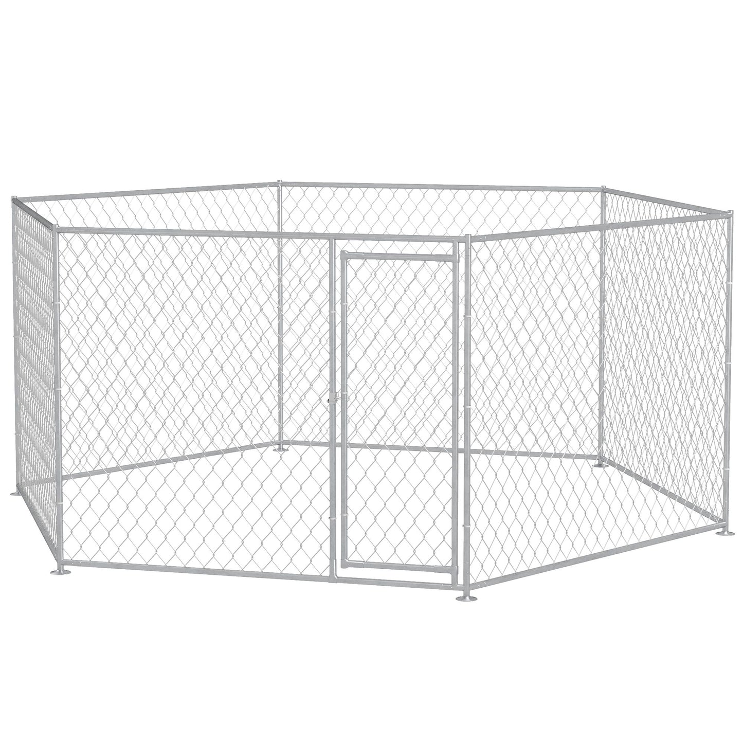 Metal fenced outdoor dog run for large dogs with a secure door gate for safe containment
