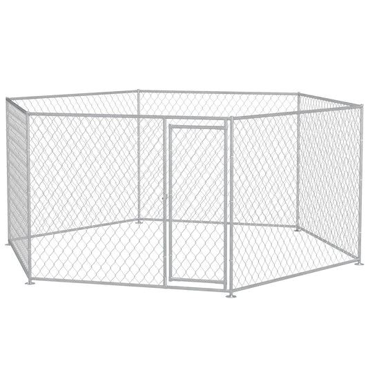 Metal fenced outdoor dog run for large dogs with a secure door gate for safe containment