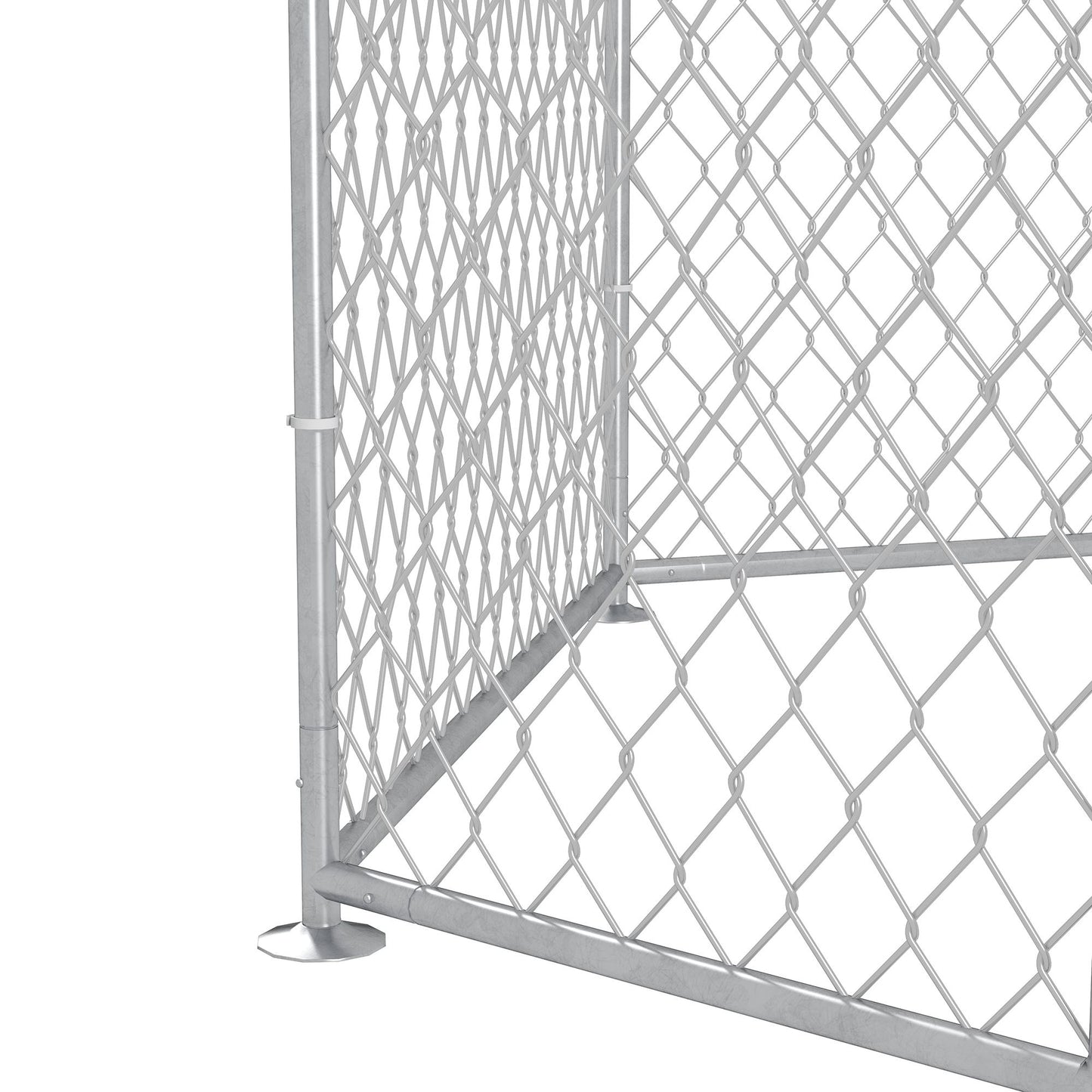 Close-up of metal chain link panel corner from outdoor dog run for large dogs by PawCounter.com