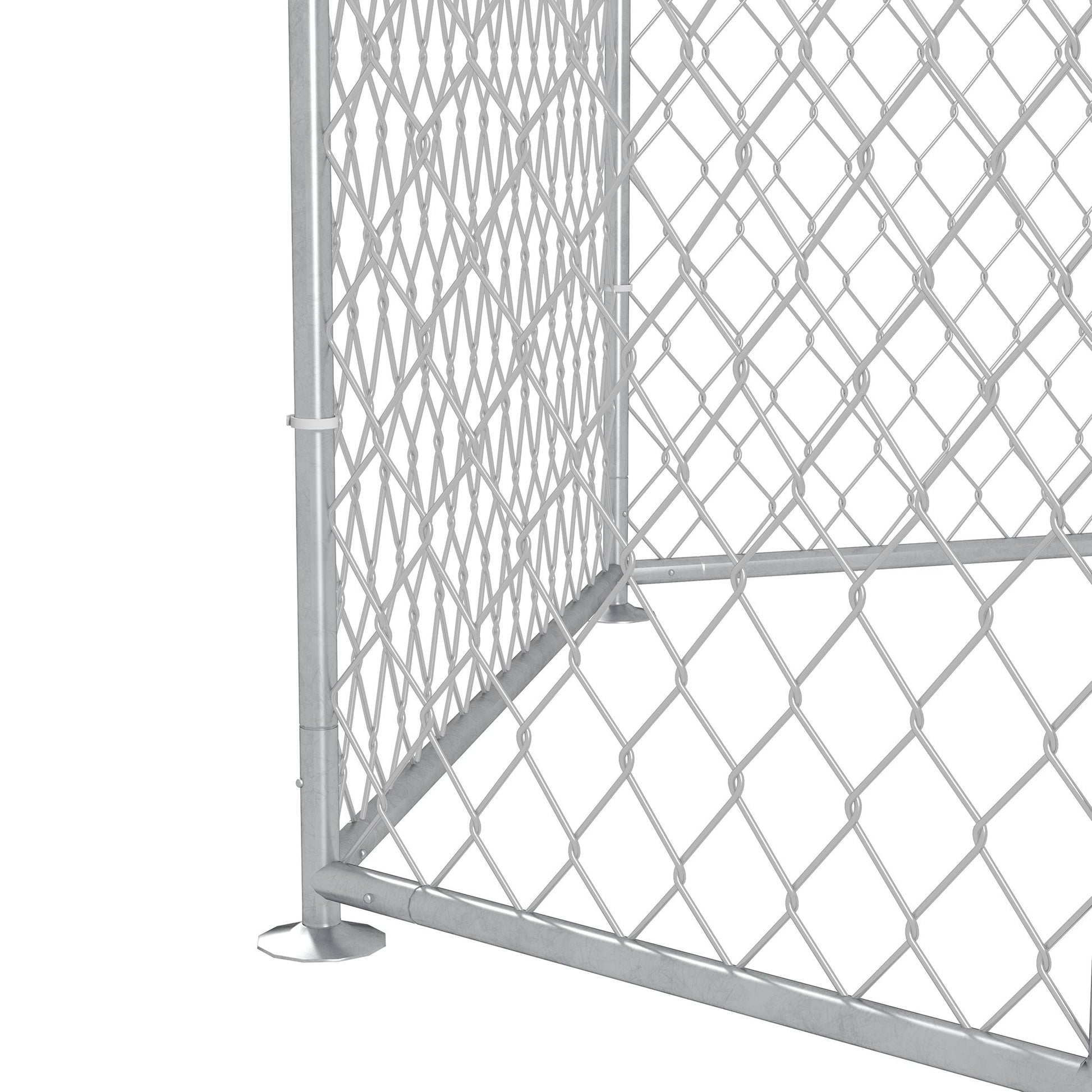 Close-up of metal chain link panel corner from outdoor dog run for large dogs by PawCounter.com