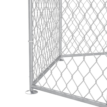 Close-up of metal chain link panel corner from outdoor dog run for large dogs by PawCounter.com