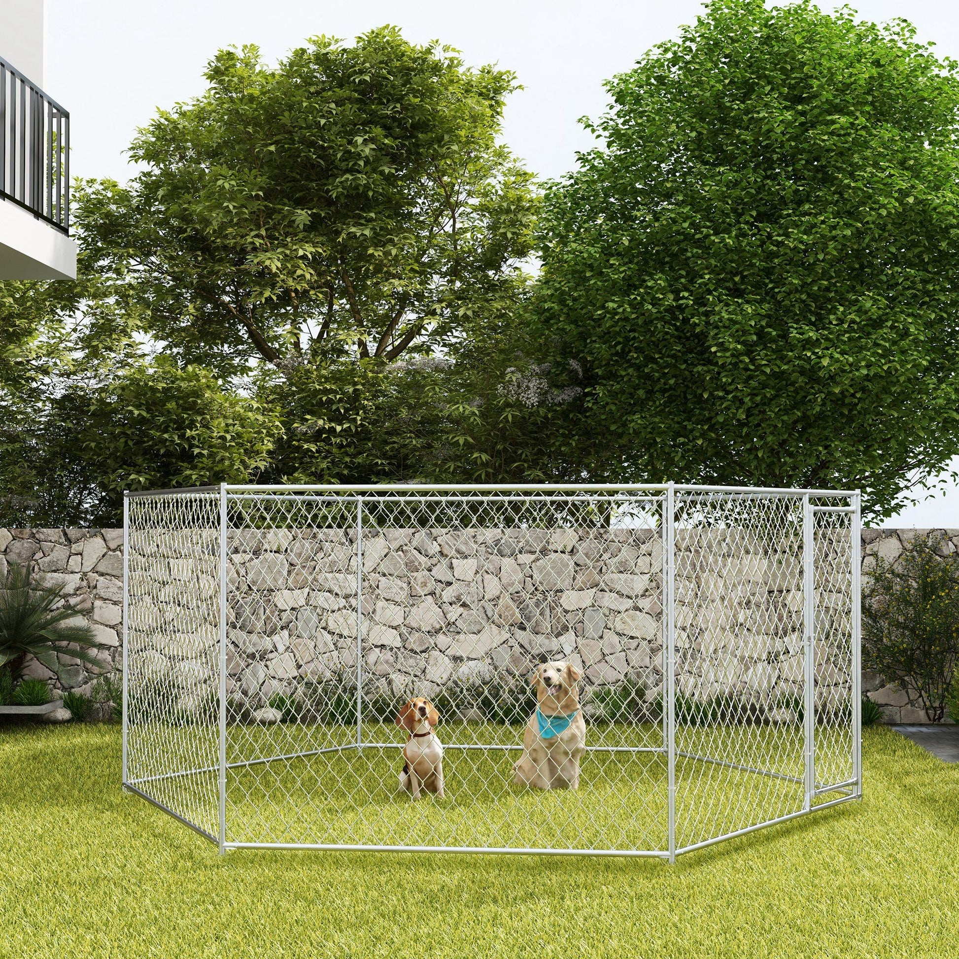 Outdoor dog run for large dogs with chain-link fence enclosure on green grass in backyard
