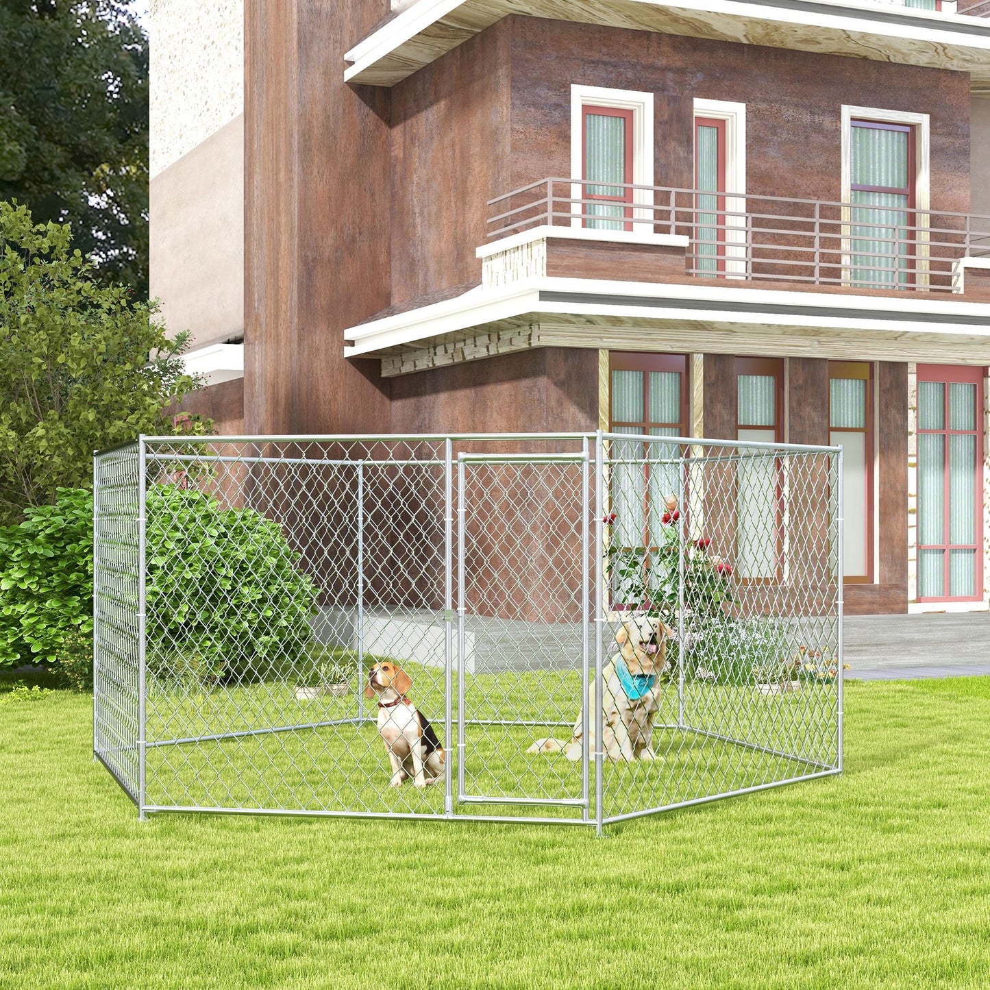 Outdoor dog run for large dogs made of galvanized steel chain link fencing in a backyard