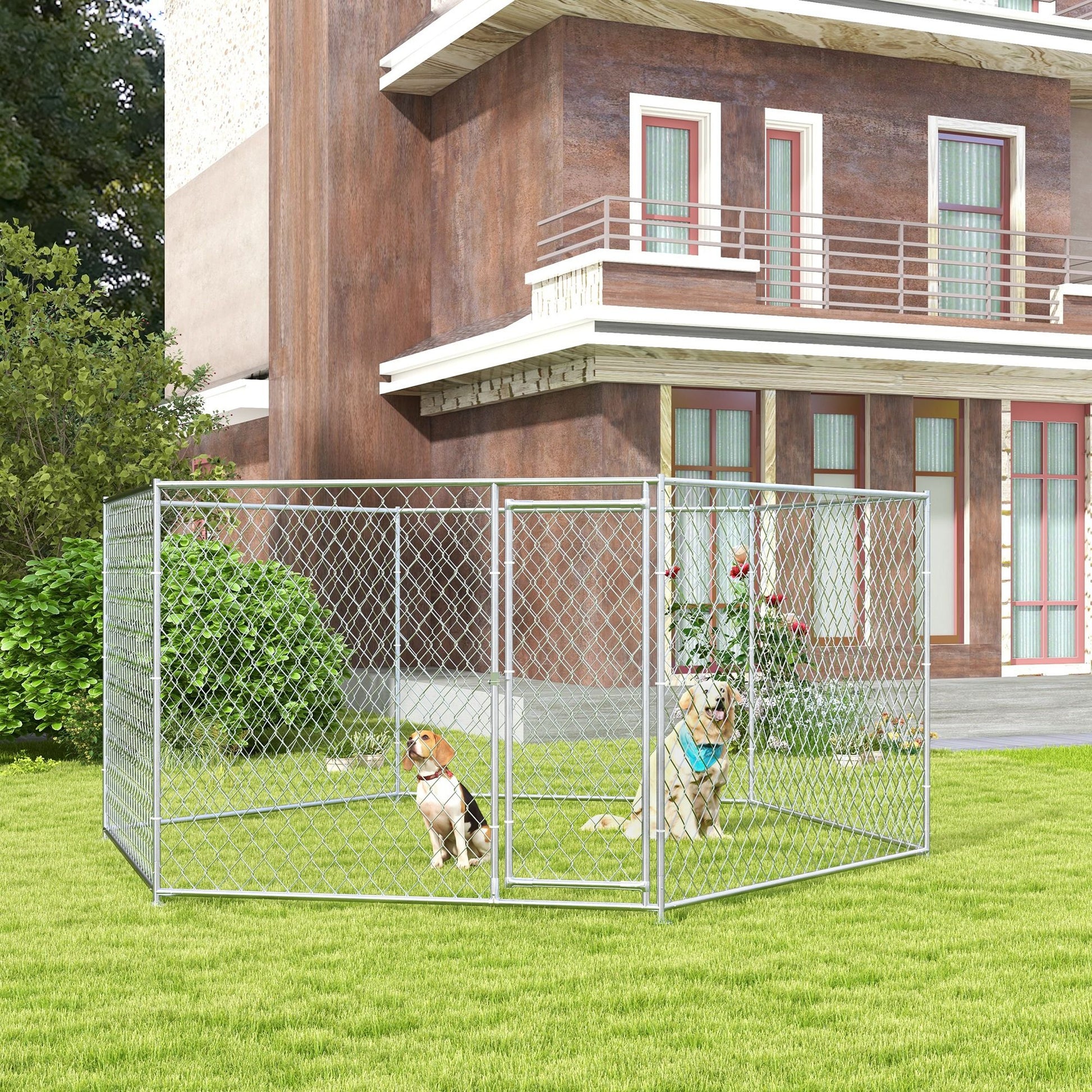 Outdoor dog run for large dogs made of galvanized steel chain link fencing in a backyard